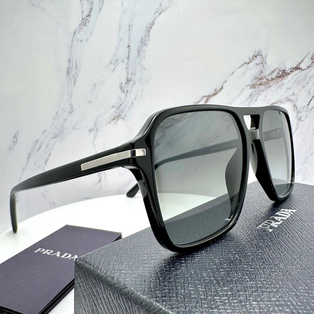 NEW PRADA Sunglasses Black Aviator Pilot 55-17mm Grey Lens Silver Logo - Picture 14 of 16